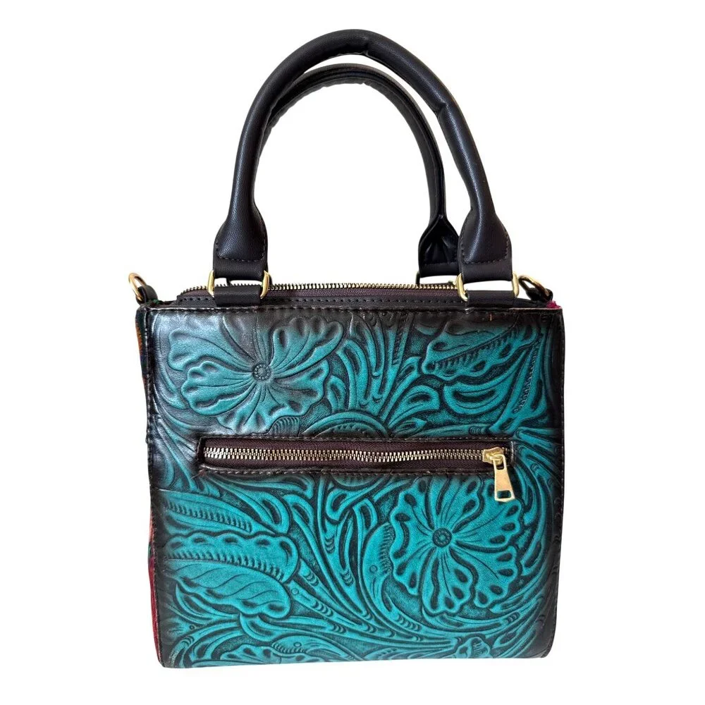 Tooled aqua with Floral  tapestry embroidery crossbody‎ shoulder satchel